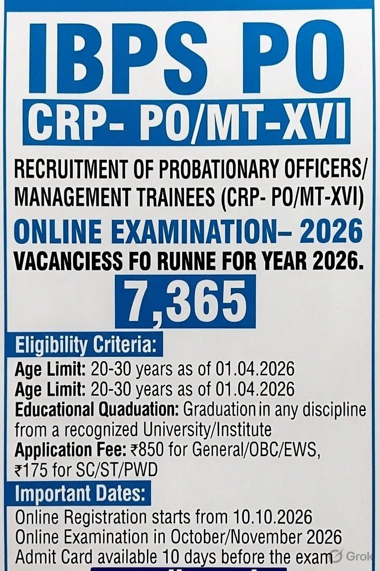 IBPS PO 2026: 7,365 पदों की भर्ती, प्रीलिम्स 22-23 अगस्त को, एडमिट कार्ड जल्द आएगा